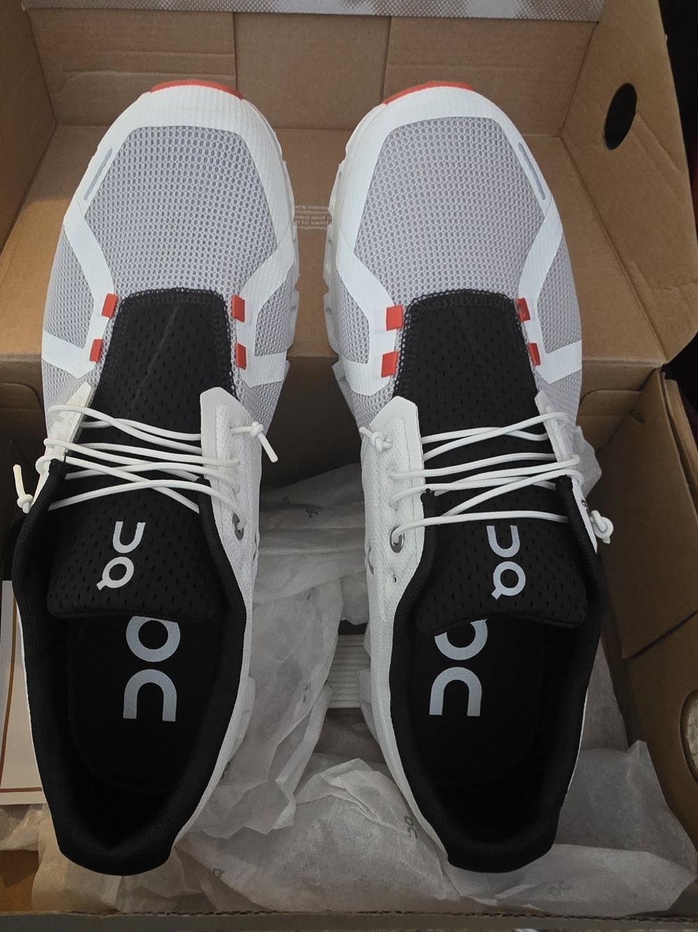 On Running Men’s White and Black Athletic Running Shoes with Coral Accents